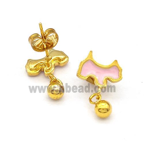 Stainless Steel Dog Stud Earring Pink Enamel Gold Plated