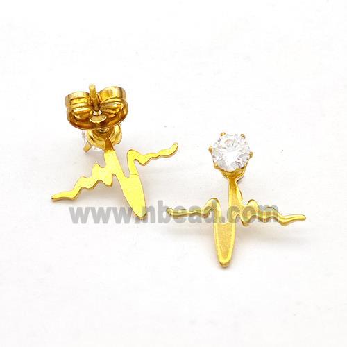 Stainless Steel Heartbeat Stud Earring Pave Rhinestone Gold Plated