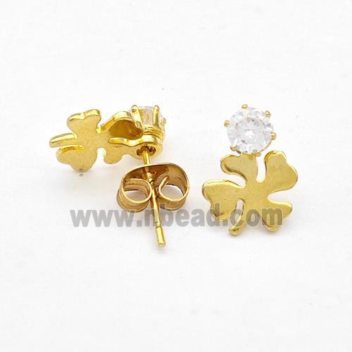 Stainless Steel Clover Stud Earring Pave Rhinestone Gold Plated