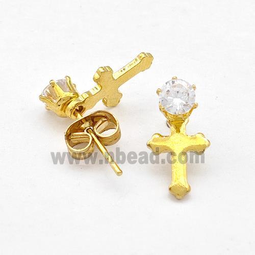 Stainless Steel Cross Stud Earring Pave Rhinestone Gold Plated