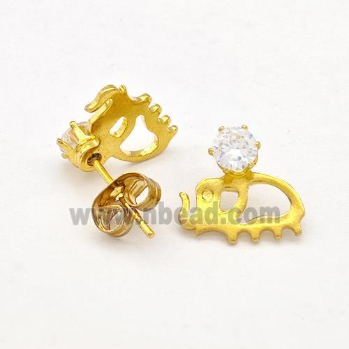 Stainless Steel Elephant Stud Earring Pave Rhinestone Gold Plated