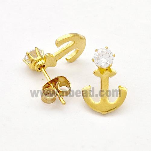 Stainless Steel Anchor Stud Earring Pave Rhinestone Gold Plated