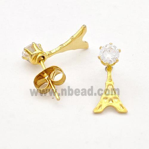 Stainless Steel Stud Earring Pave Rhinestone Eiffel Tower Gold Plated