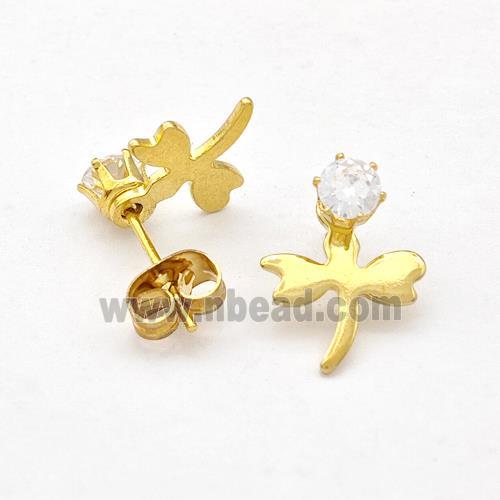 Stainless Steel Dragonfly Stud Earring Pave Rhinestone Gold Plated