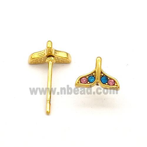 Stainless Steel Stud Earring Pave Rhinestone Shark-tail Gold Plated