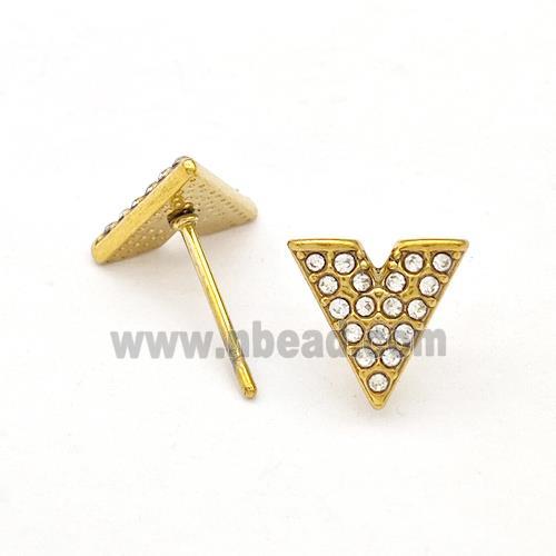 Stainless Steel Stud Earring Pave Rhinestone V-Shape Gold Plated