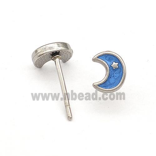Raw Stainless Steel Moon Stud Earring Blue Enamel