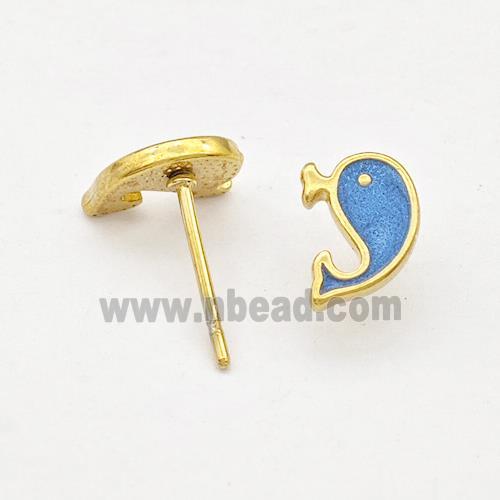Stainless Steel Dolphin Stud Earring Blue Enamel Gold Plated