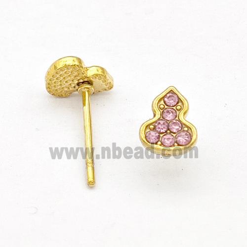 Stainless Steel Gourd Stud Earring Pave Pink Rhinestone Gold Plated