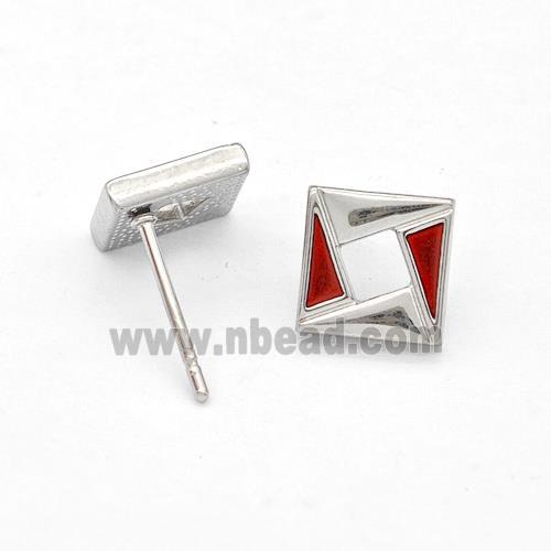 Raw Stainless Steel Square Stud Earring Red Enamel