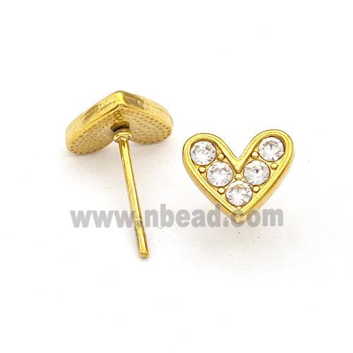 Stainless Steel Hear Stud Earrings Pave Rhinestone Gold Plated