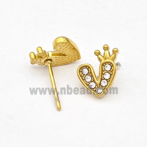 Stainless Steel Heart Stud Earrings Pave Rhinestone Crown Gold Plated