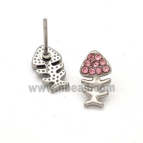 Raw Stainless Steel Fishbone Stud Earrings Pave Pink Rhinestone