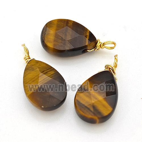Natural Tiger Eye Stone Teardrop Pendant Faceted Wire Wrapped