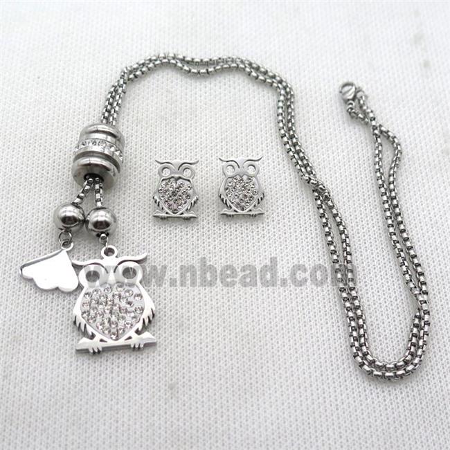 stainless steel necklace and earring, owl, platinum plated