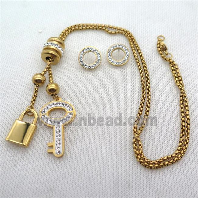 stainless steel necklace and earring, key lock, gold plated