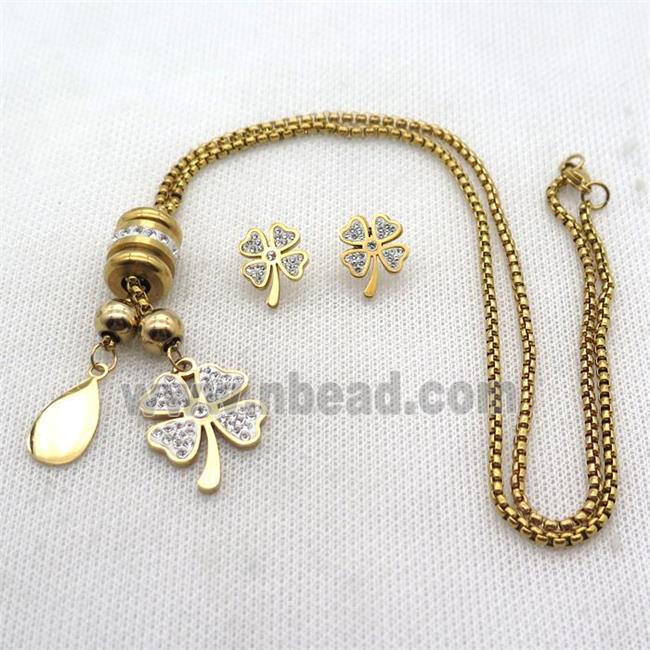 stainless steel necklace and earring, clover, gold plated
