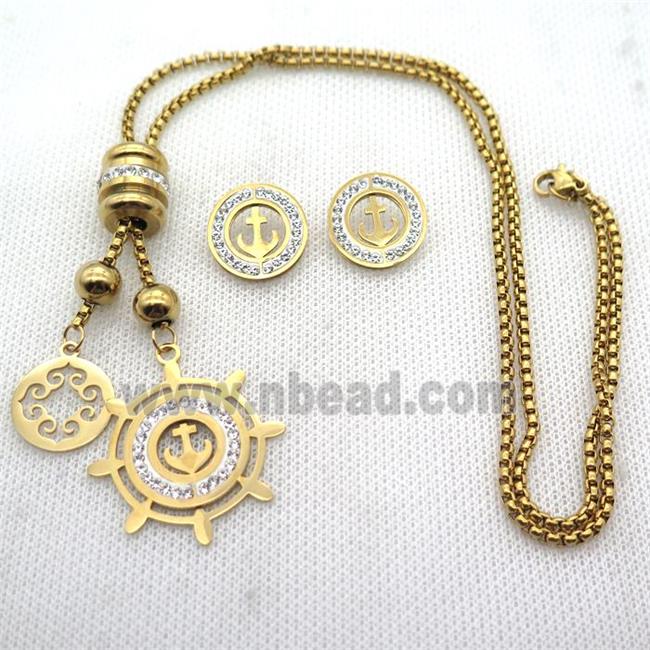 stainless steel necklace and earring, anchor, gold plated