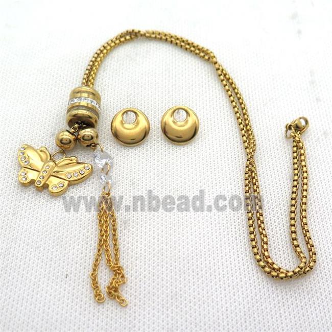 stainless steel necklace and earring, butterfly, gold plated