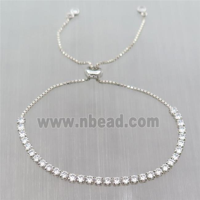 Sterling Silver Bracelet pave clear zircon, Adjustable, platinum plated