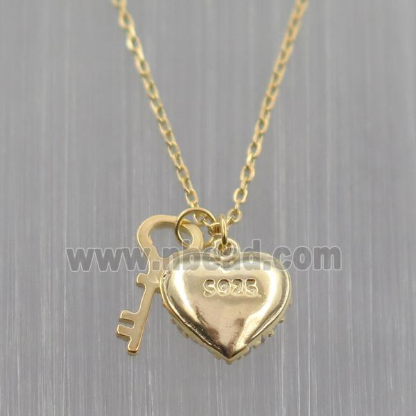 Sterling Silver Necklace pave zircon, heart-key, gold plated