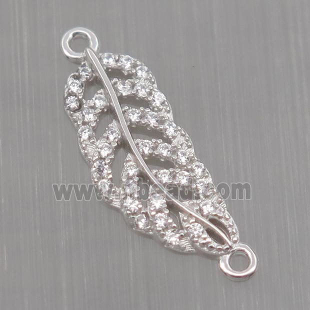 Sterling Silver Leaf connector paved zircon, platinum plated