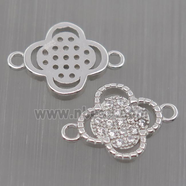Sterling Silver clover connector paved zircon, platinum plated