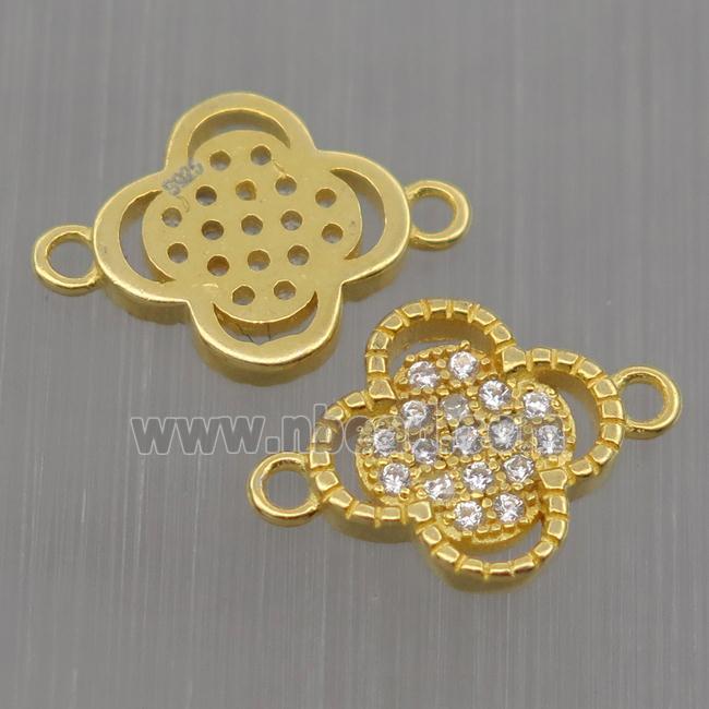 Sterling Silver clover connector paved zircon, gold plated