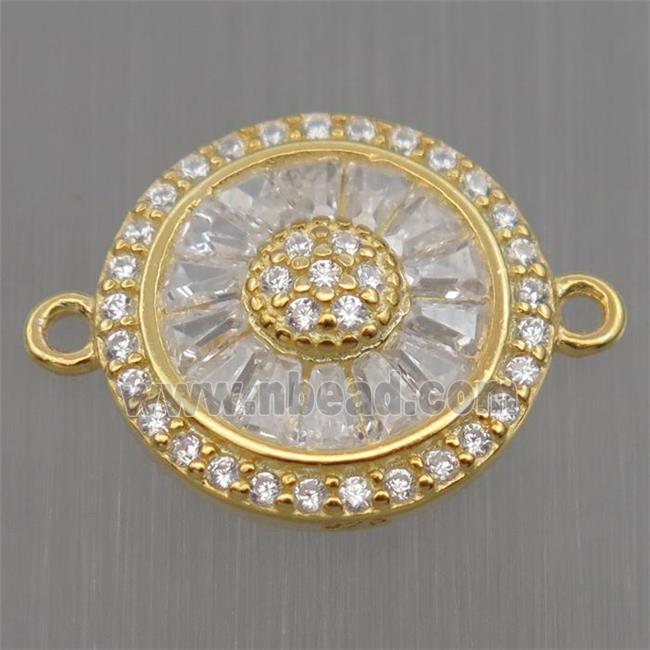 Sterling Silver sunflower connector paved zircon, gold plated