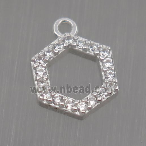 Sterling Silver Hexagon pendant paved zircon, platinum plated