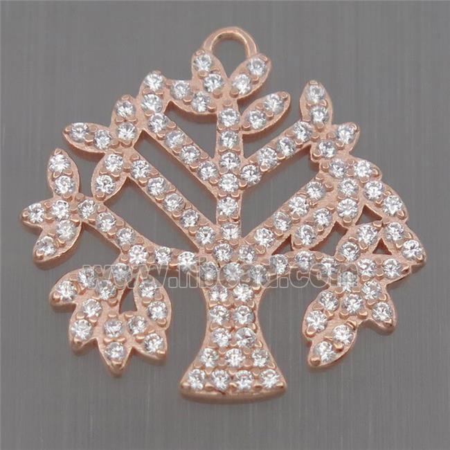 Sterling Silver pendant paved zircon, tree of life, rose gold