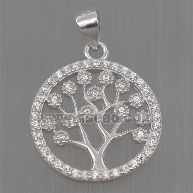Sterling Silver pendant paved zircon, tree of life, platinum plated