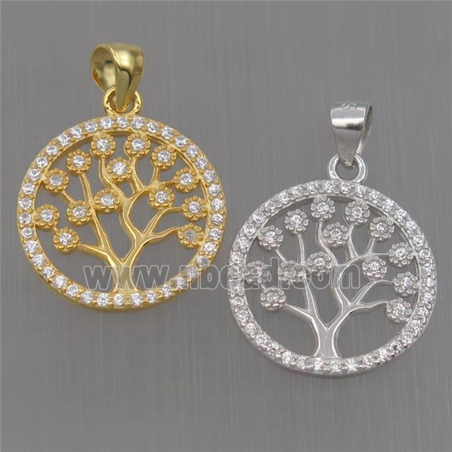 Sterling Silver pendant paved zircon, tree of life, mixed color