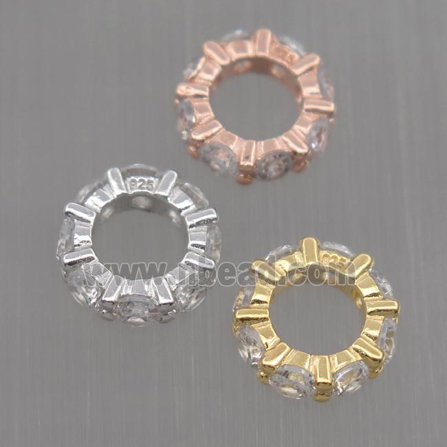 Sterling Silver beads paved zircon, rondelle, mixed color