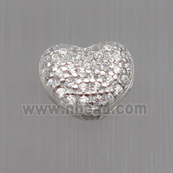 Sterling Silver heart beads paved zircon, platinum plated