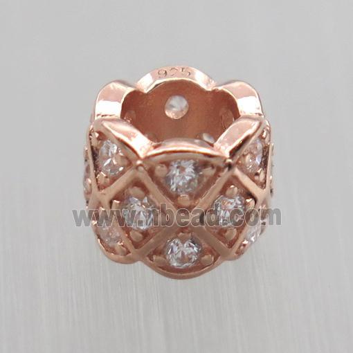 Sterling Silver column beads paved zircon, large hole, rose gold