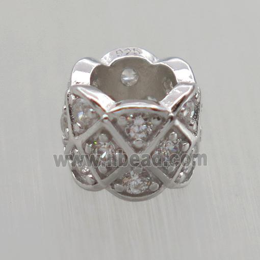 Sterling Silver column beads paved zircon, large hole, platinum plated