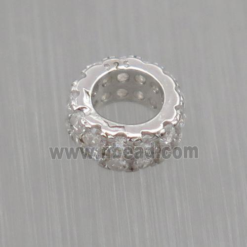 Sterling Silver beads paved zircon, rondelle, platinum plated
