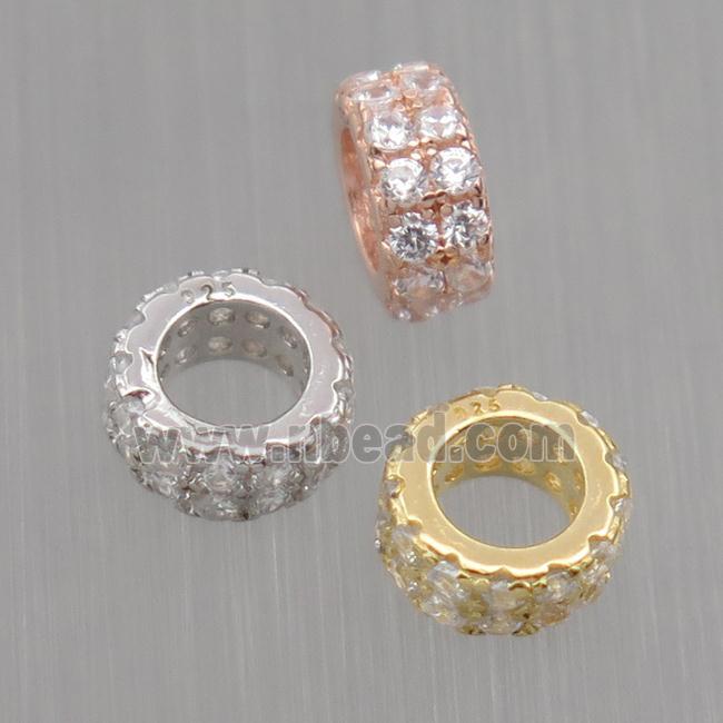 European style Sterling Silver beads paved zircon, rondelle, mixed color