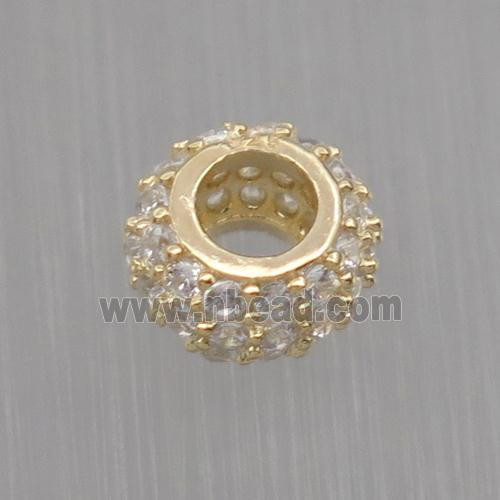 European style Sterling Silver beads paved zircon, rondelle, gold plated