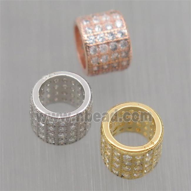 European style Sterling Silver tube beads paved zircon, large hole, mixed color