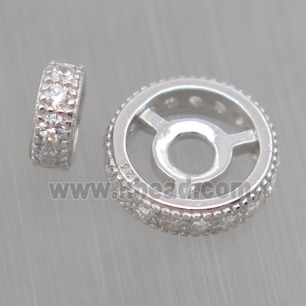 Sterling Silver rondelle beads paved zircon, platinum plated