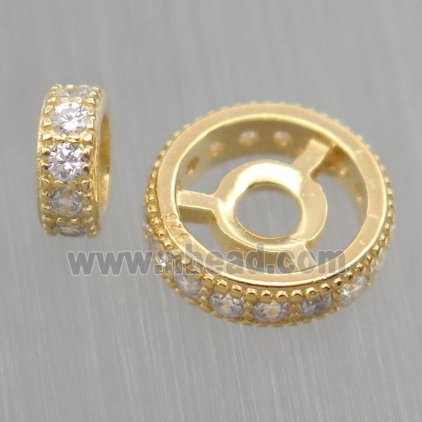 Sterling Silver rondelle beads paved zircon, gold plated