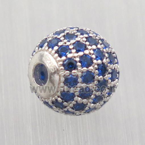 round Sterling Silver beads paved blue zircon, platinum plated