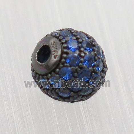 round Sterling Silver beads paved blue zircon, black plated