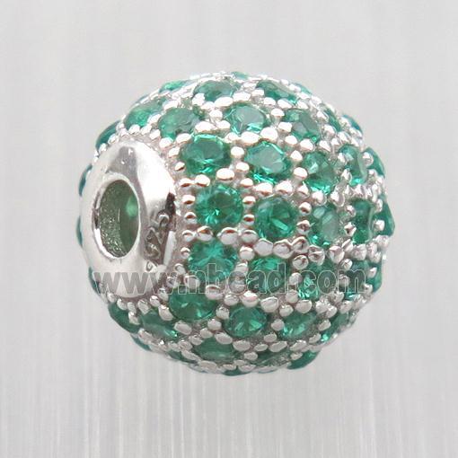 round Sterling Silver beads paved green zircon, platinum plated