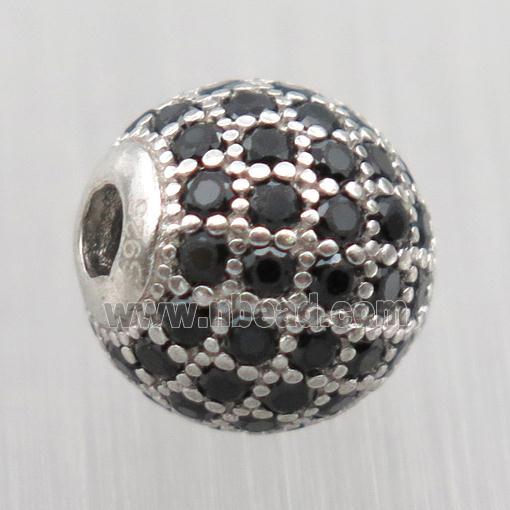 round Sterling Silver beads paved black zircon, platinum plated
