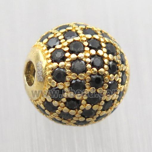 round Sterling Silver beads paved black zircon, gold plated