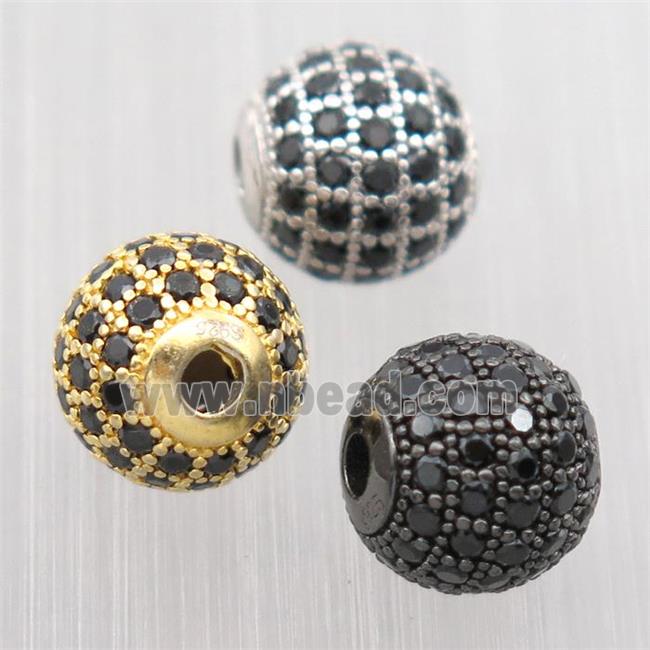 round Sterling Silver beads paved black zircon, mixed color