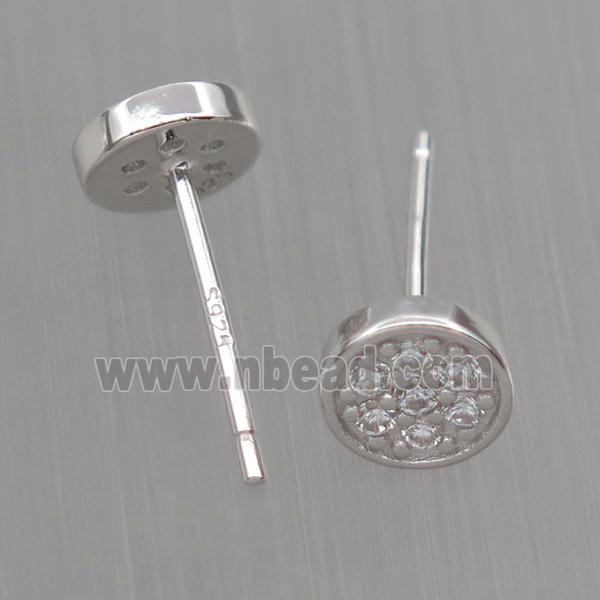 Sterling Silver studs Earrings paved zircon, circle, platinum plated